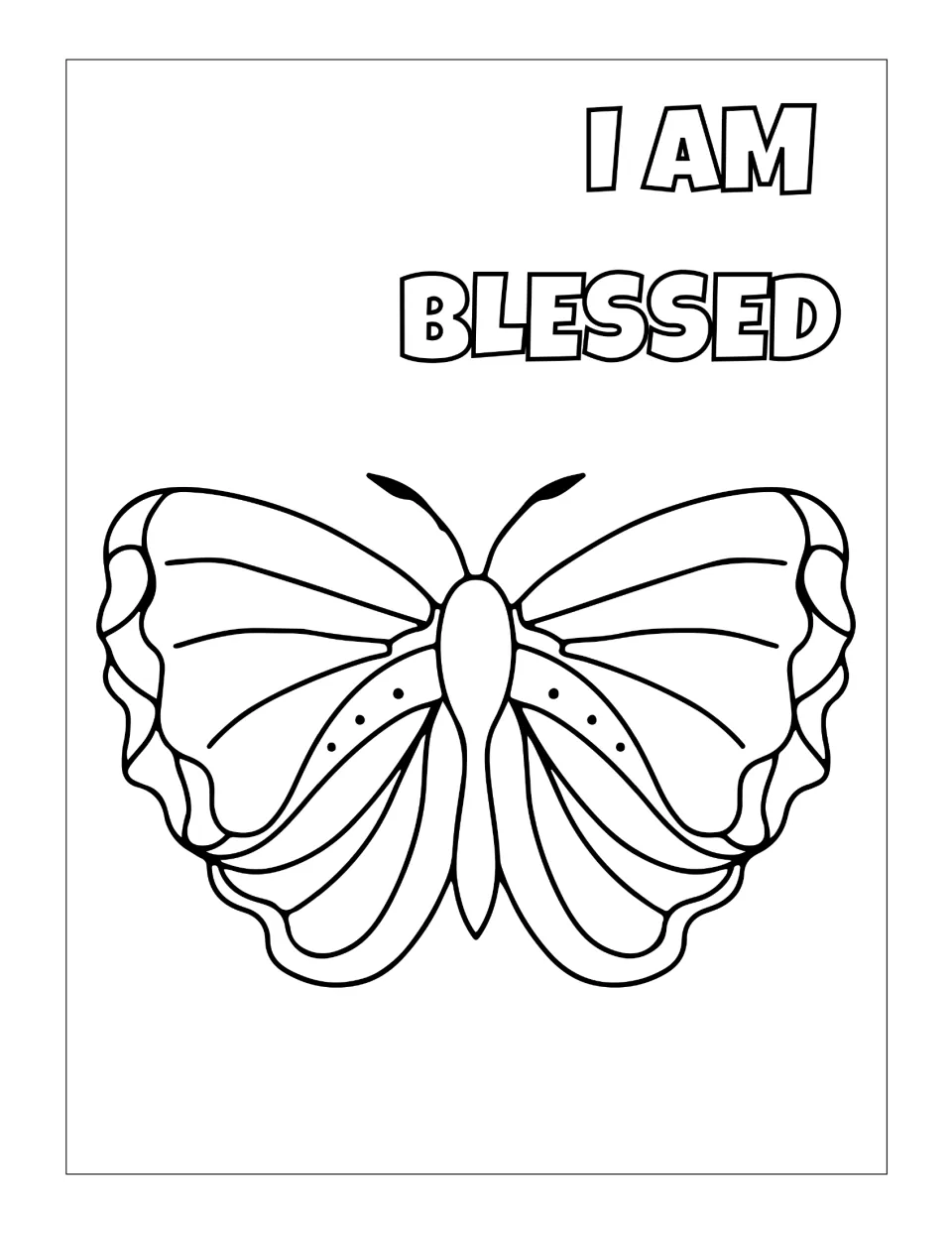 I am blessed affirmation stacked on two lines: students color it and a symmetrical butterfly with wavy wing edges