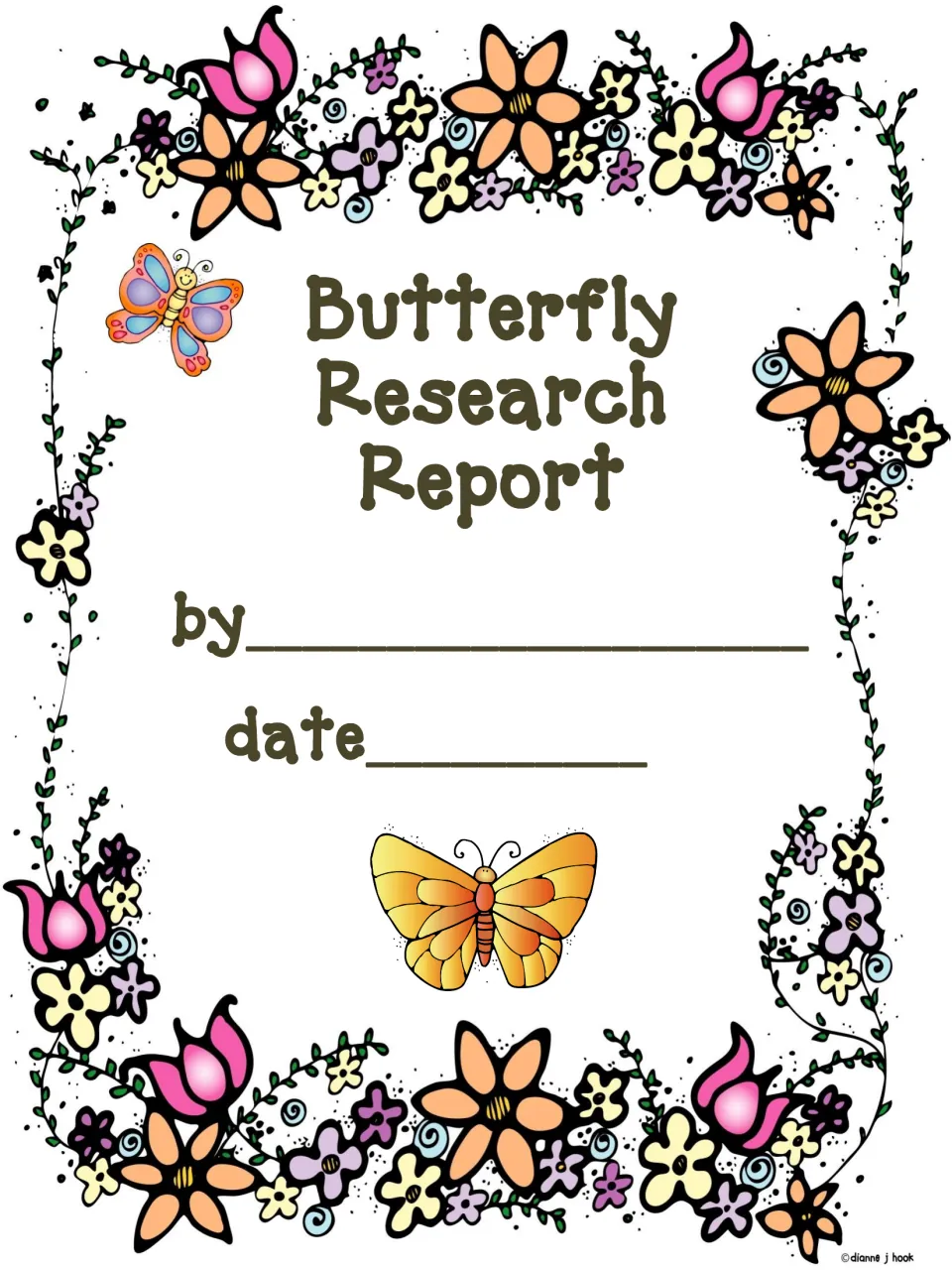 Butterfly research report cover includes spaces for the student author's name and the report date.