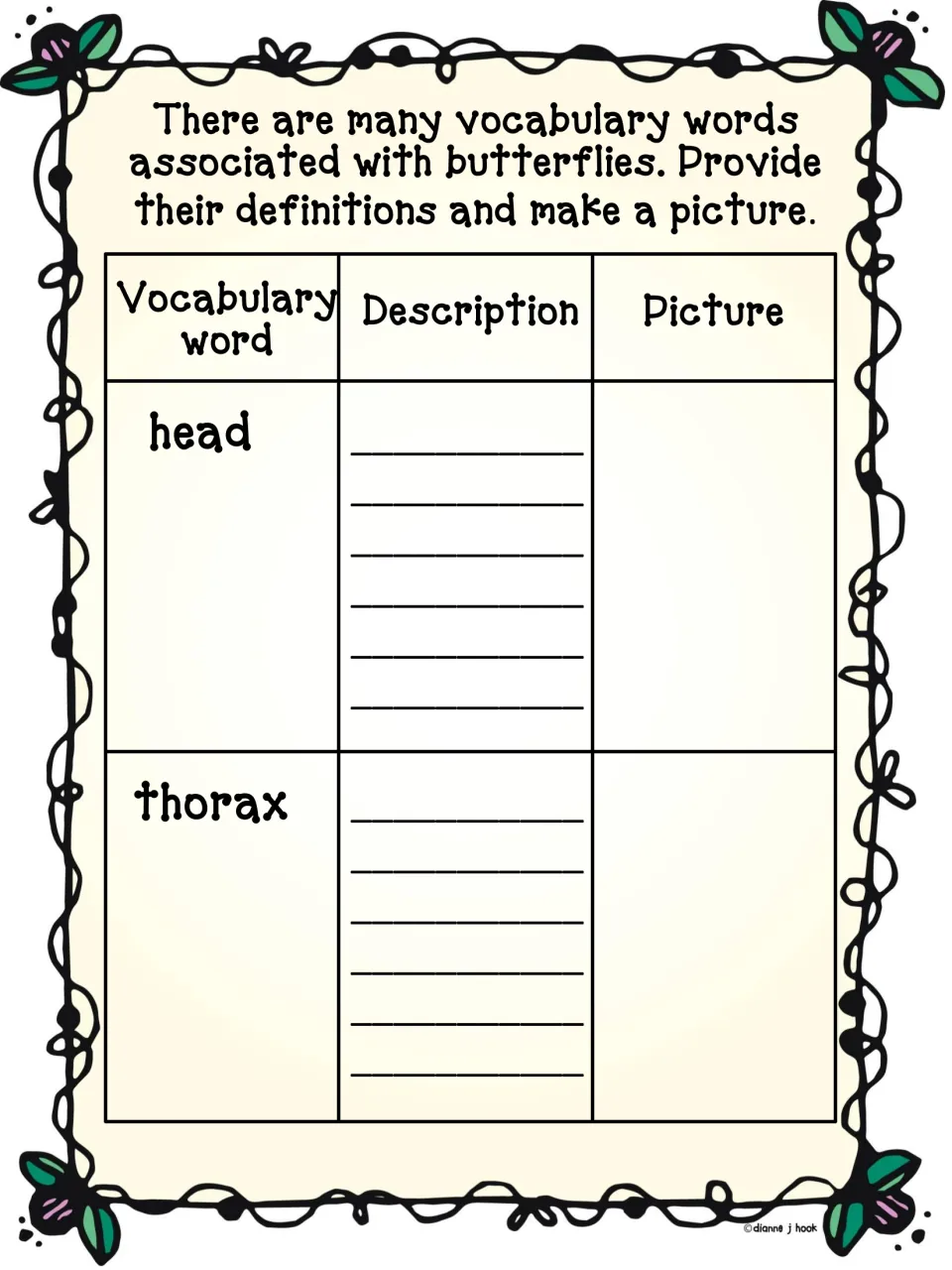 First vocabulary page in the butterfly report asks students to define and draw the head and thorax.