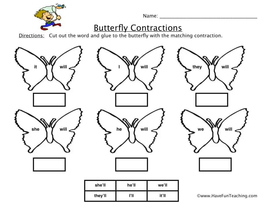 Butterfly Contractions: students cut out it'll, I'll, they'll, she'll, he'll and we'll and glue each to its word pair