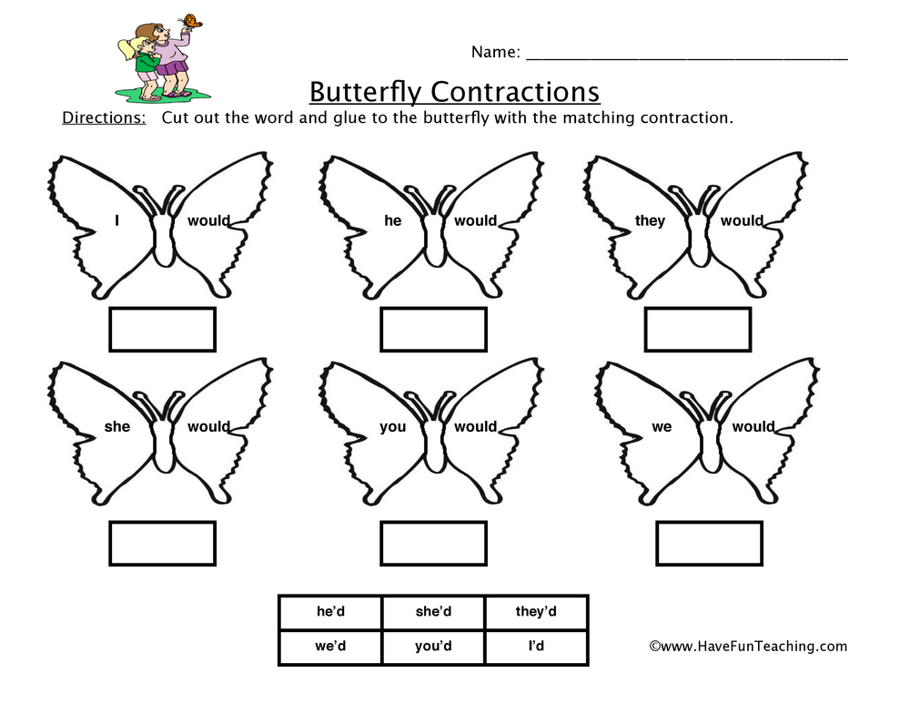 Butterfly Would Contractions Worksheet teaching resource preview