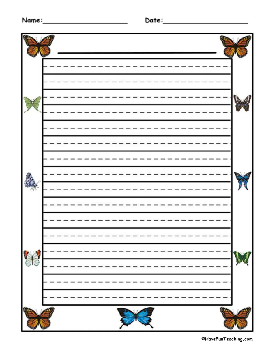 Butterfly-themed writing paper for a final draft about butterflies, with 'Name' and 'Date' labels.