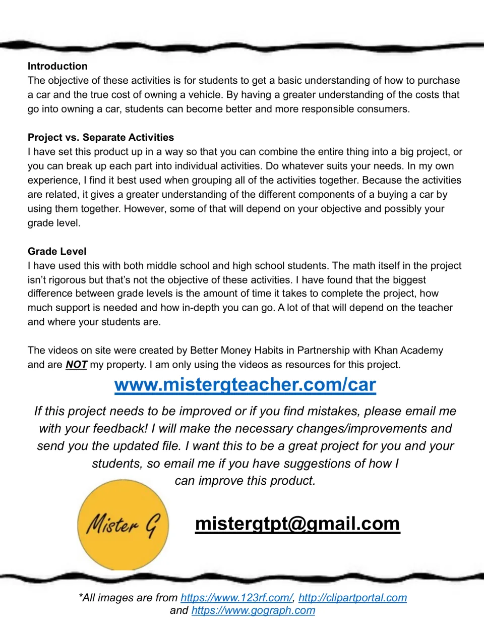 Teacher introduction: using the parts as one project or separate activities, video source note, and the car website link
