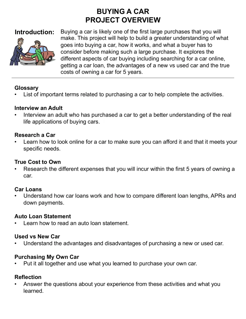 Project overview: introduction on car buying, then summaries of nine parts from Glossary and Car Loans to Reflection