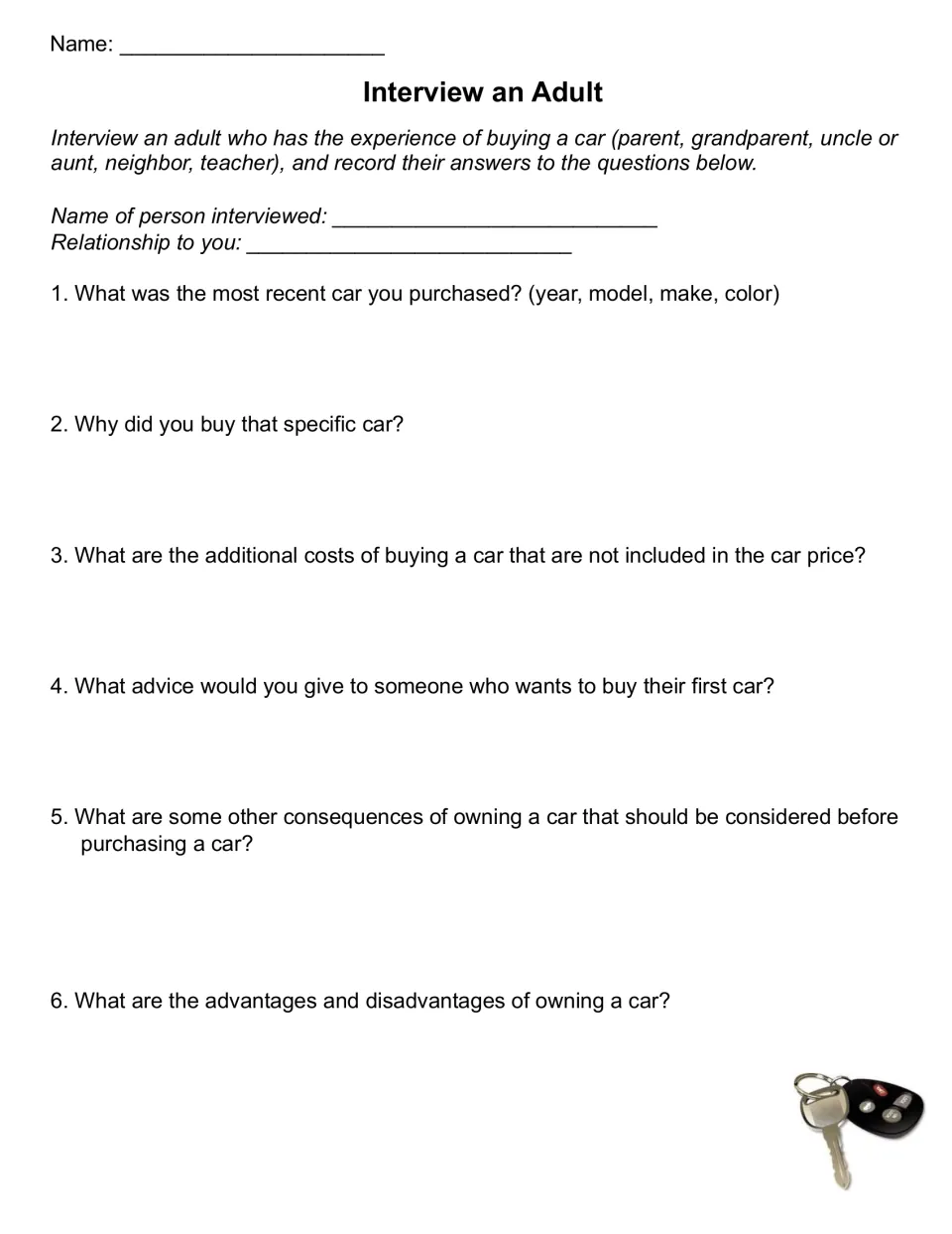 Interview an Adult: students ask an adult who bought a car six questions about costs, advice, pros and cons