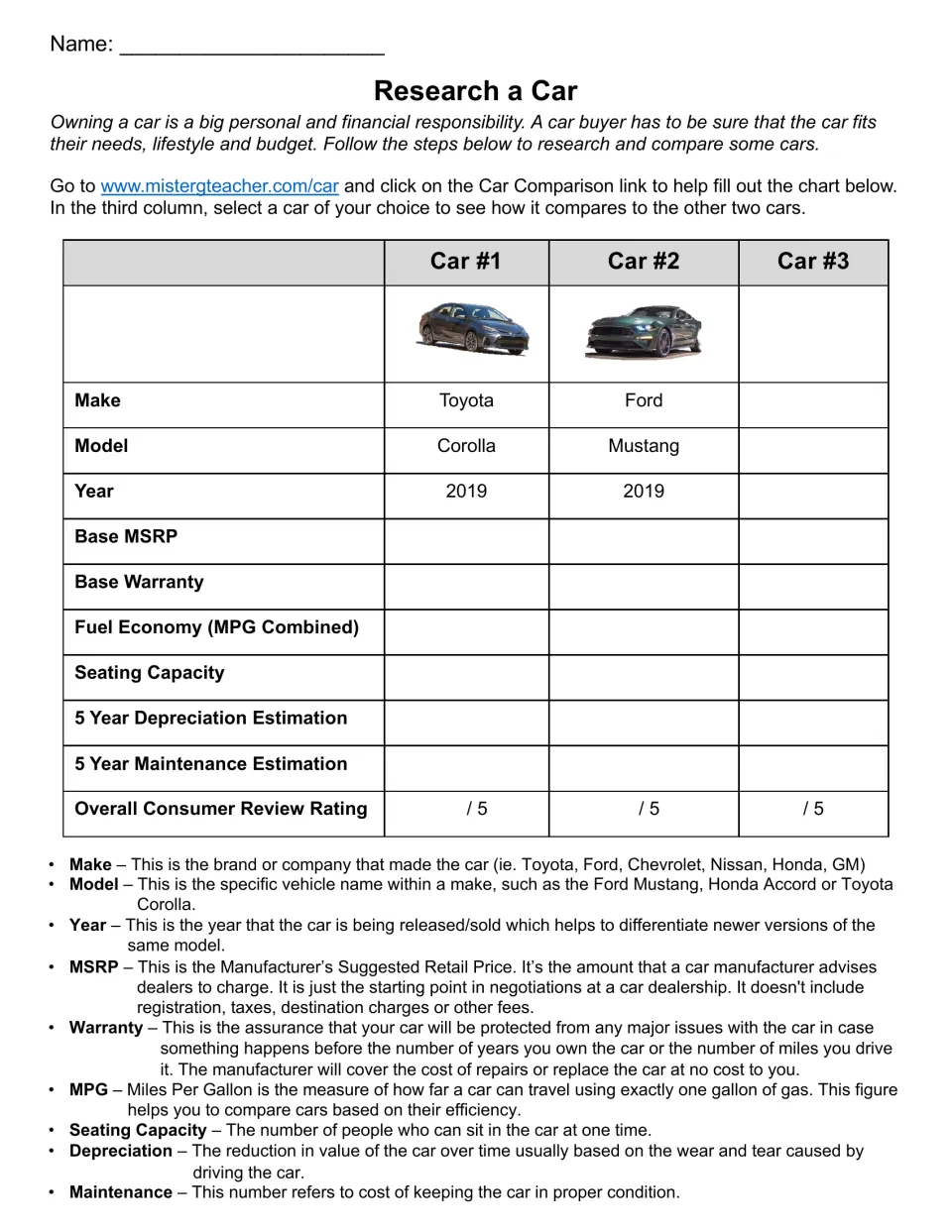Research a Car: students compare a 2019 Toyota Corolla, a 2019 Ford Mustang and a car of choice on MSRP, MPG and more