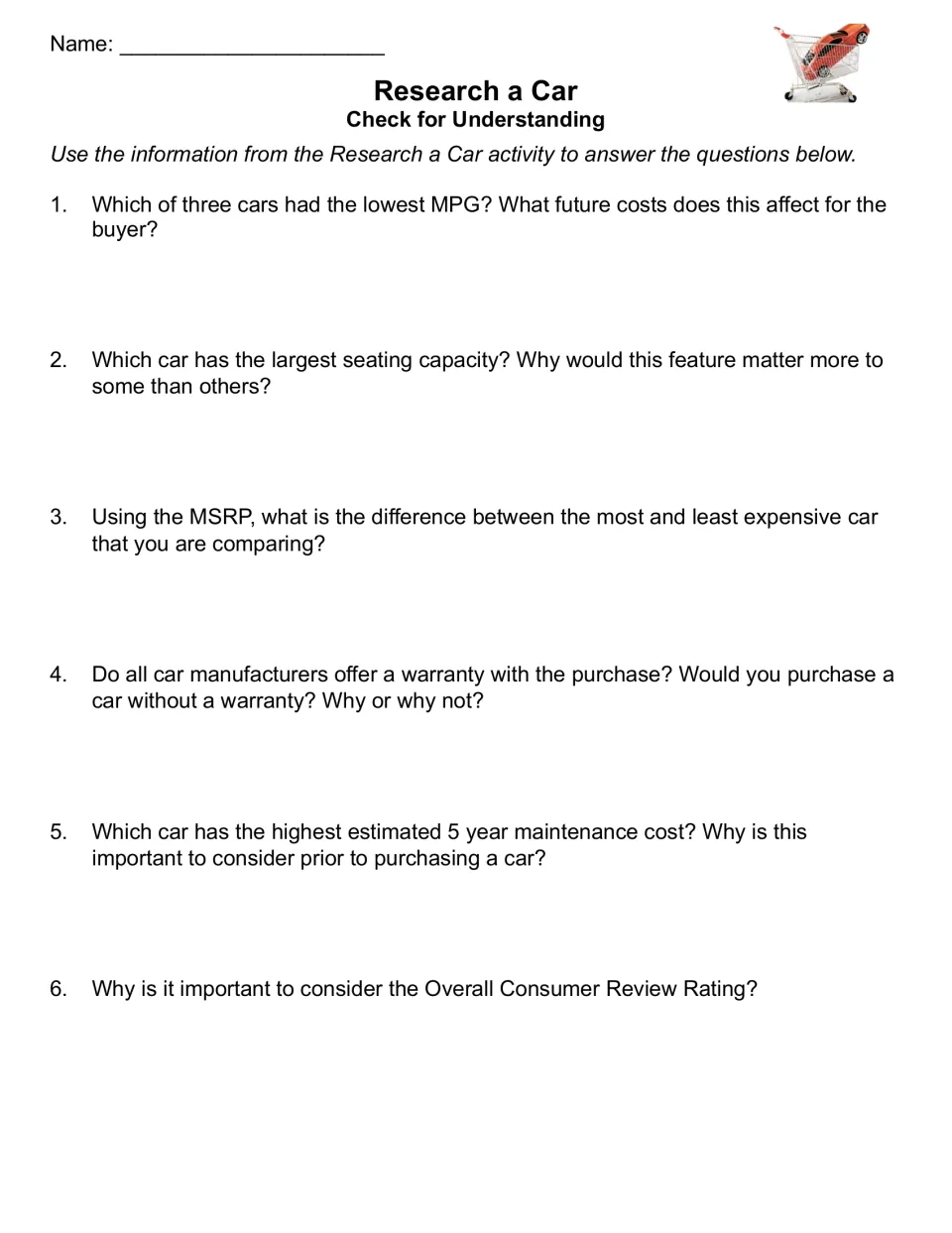Research a Car check: six questions on lowest MPG, seating capacity, MSRP difference, warranty and review rating