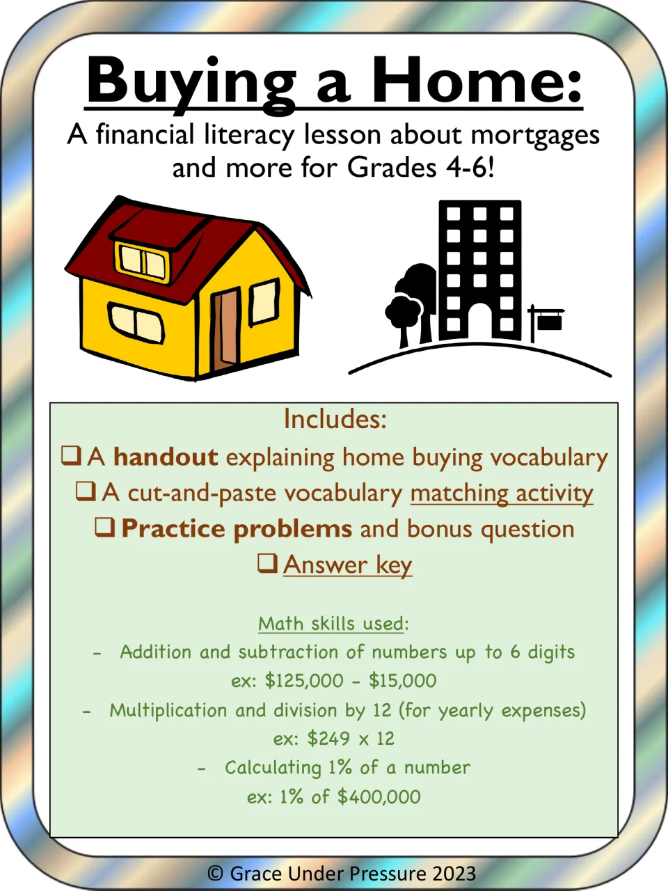 Buying a Home cover listing a vocabulary handout, cut-and-paste matching, practice problems and answer key