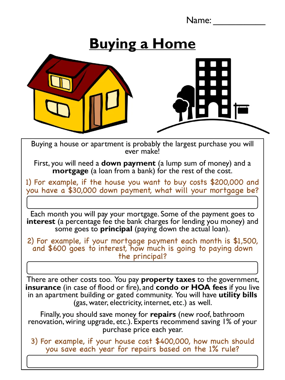 Home buying handout defining down payment, mortgage, interest and principal, with 3 example money problems to solve