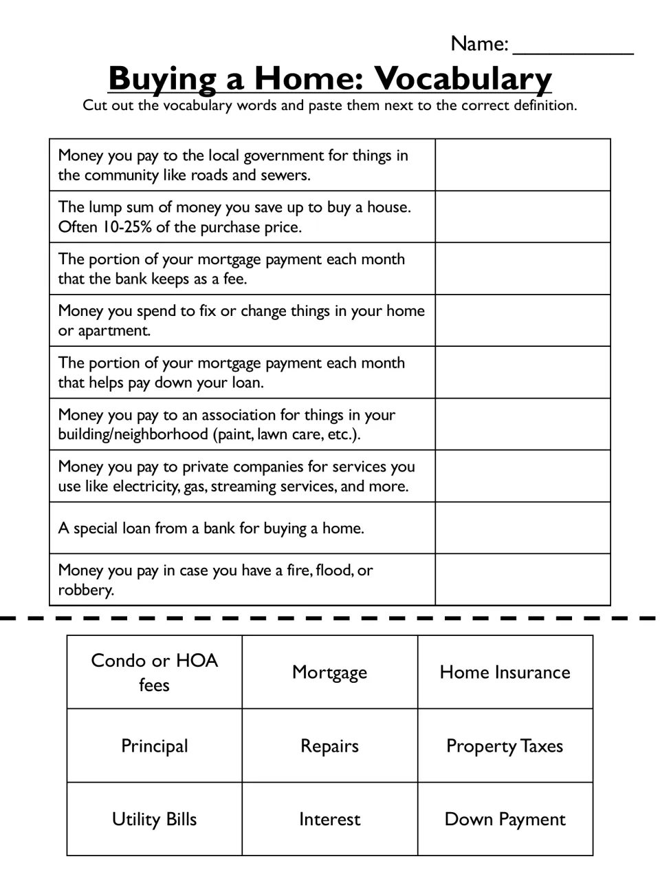 Home buying vocabulary: students cut out 9 terms like mortgage, principal and HOA fees and paste each by its definition