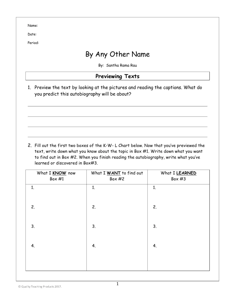 Previewing By Any Other Name by Santha Rama Rau: students predict the topic and fill in a K-W-L chart before reading