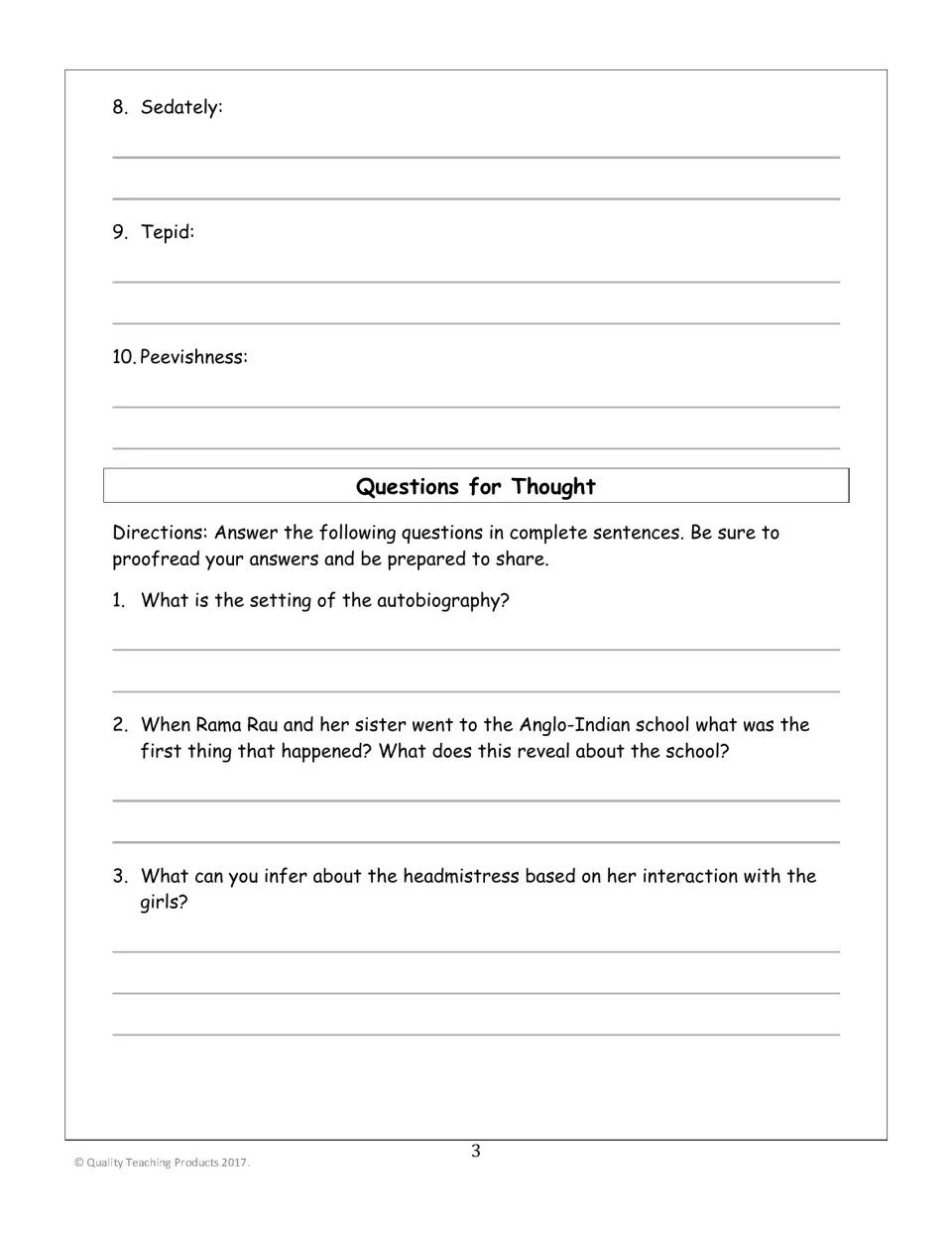 Vocabulary items 8-10, then Questions for Thought: students make inferences about the school and its headmistress