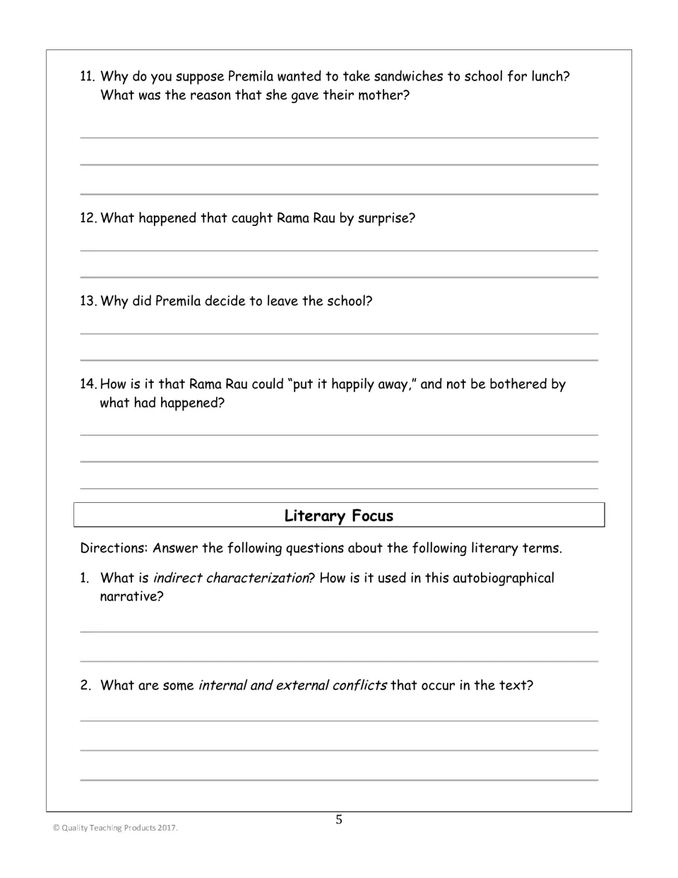 Questions 11-14 on Premila leaving the school, then Literary Focus: students explain indirect characterisation and conflict