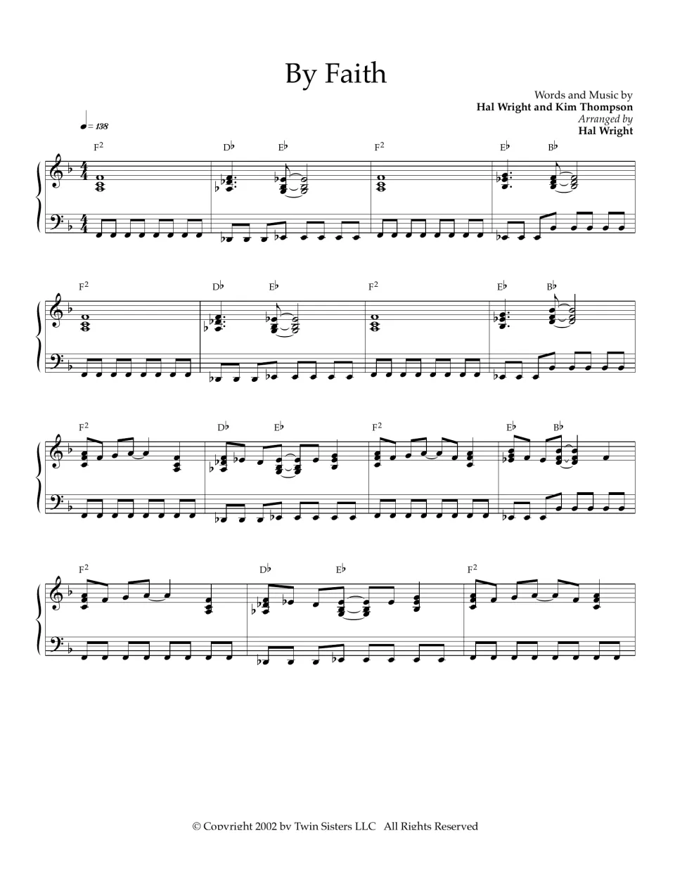 By Faith opening: piano introduction at quarter note = 138 on F2, Db, Eb and Bb chords, by Hal Wright and Kim Thompson
