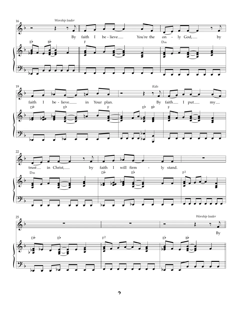 Bars 16-27: worship leader sings 'By faith I believe You're the only God', then kids sing 'I put my trust in Christ'