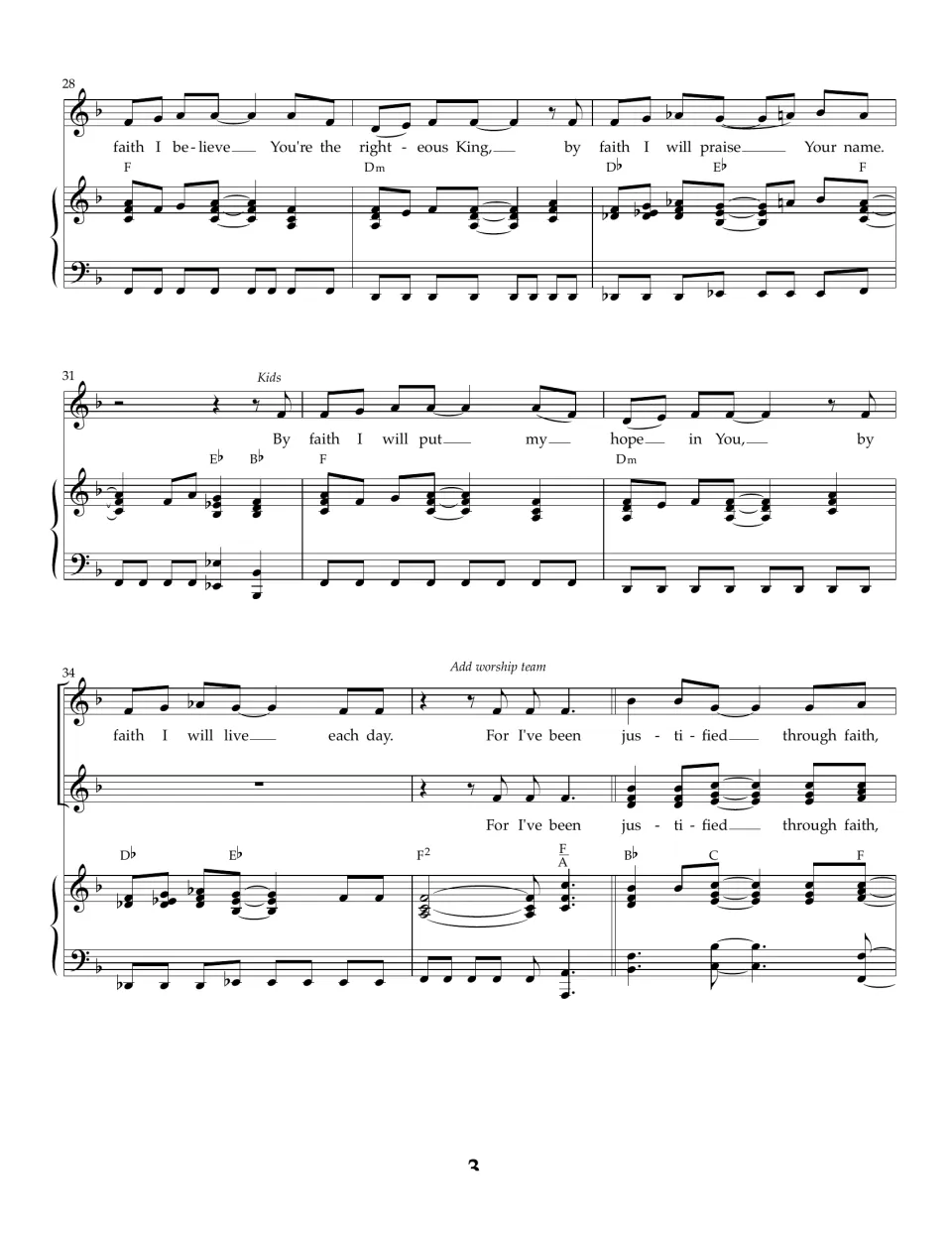 Bars 28-36: 'You're the righteous King' and 'I will put my hope in You', then worship team enters on 'justified'