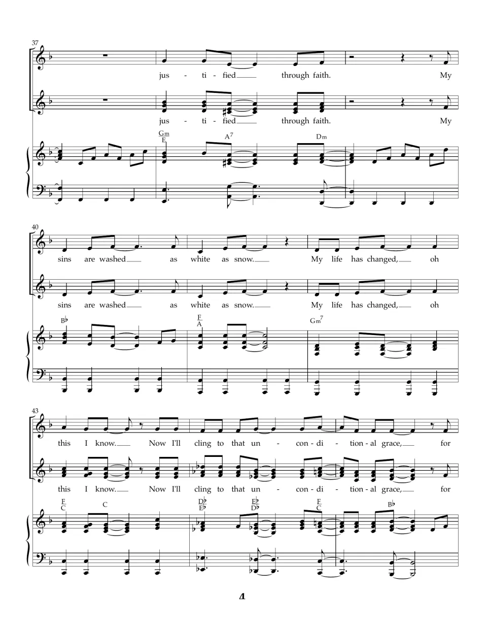 Chorus in two vocal parts, bars 37-45: 'My sins are washed as white as snow' and 'cling to that unconditional grace'