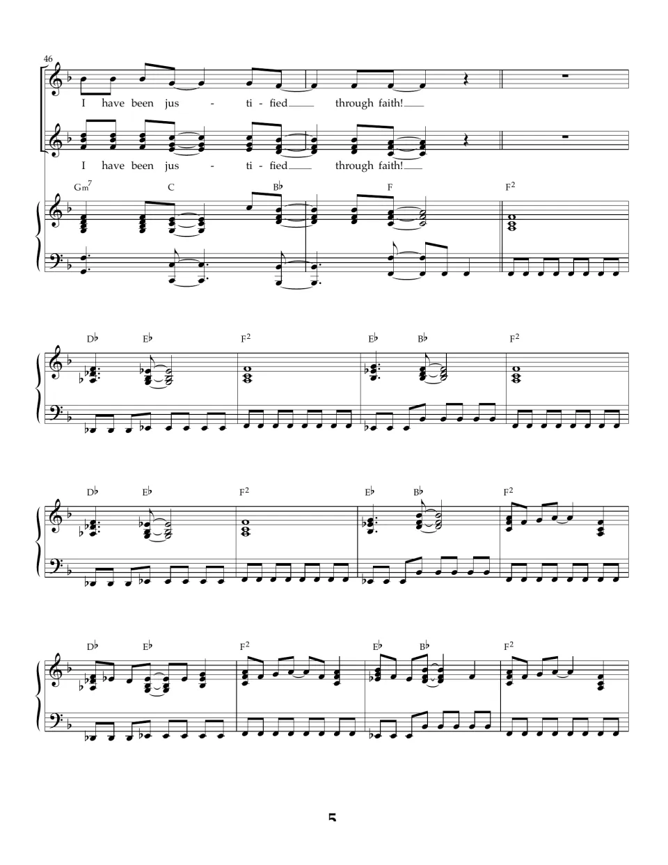 Chorus ending 'I have been justified through faith!' in bars 46-48, then a piano interlude on Db, Eb, F2 and Bb chords