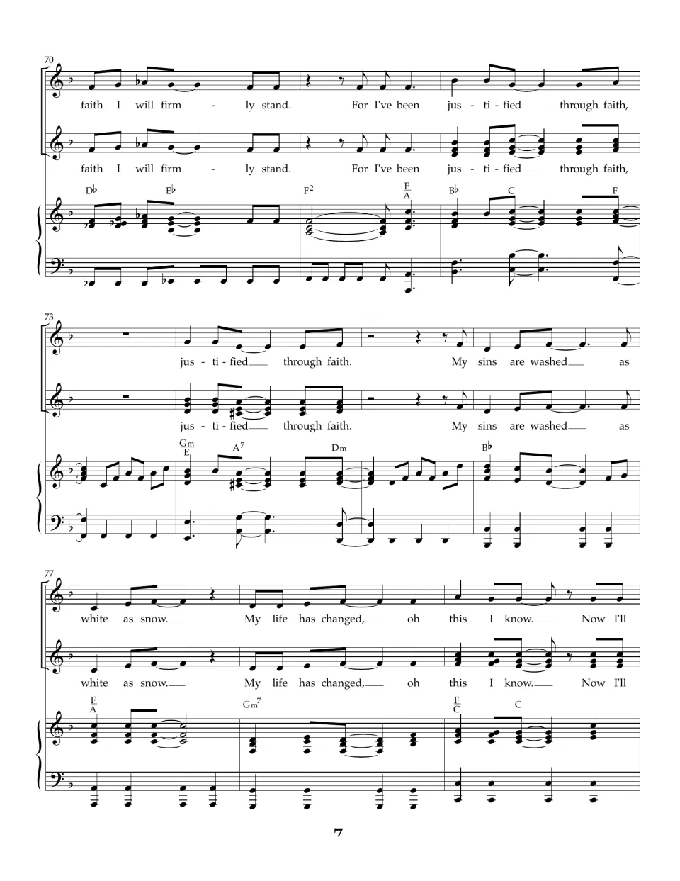 Last chorus, bars 70-79: 'For I've been justified through faith' and 'My sins are washed as white as snow'