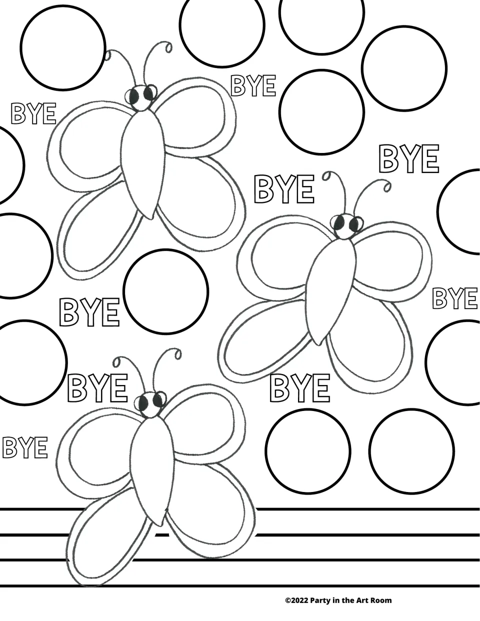 Butterfly glyph coloring page: three outlined butterflies, BYE letters and polka dots students color by survey answers