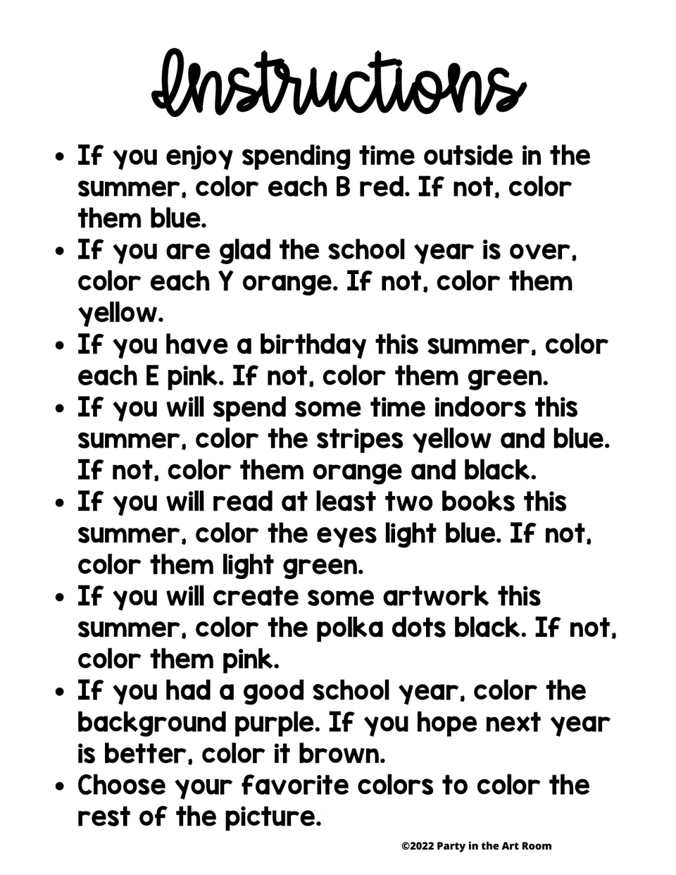 Glyph color key: students answer summer and school-year questions to pick colors for letters, eyes, dots and stripes