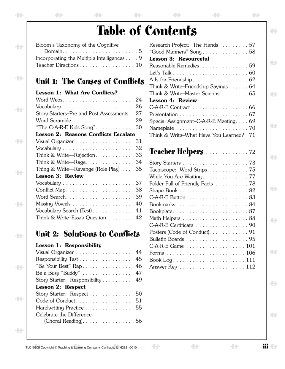 Table of contents lists two conflict education units, seven lessons, teacher helpers, and an answer key