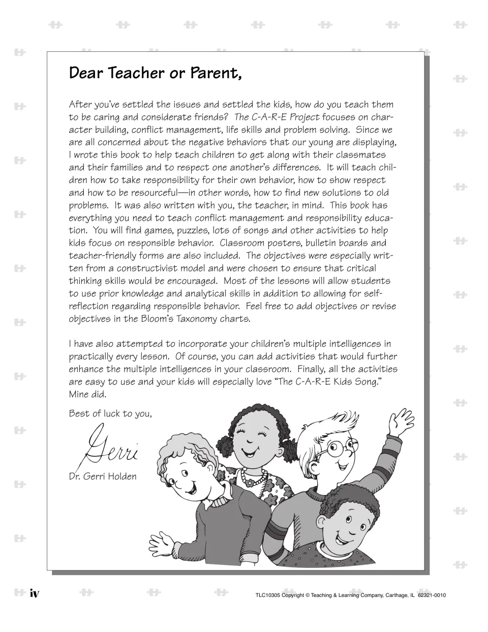 Letter to teachers and parents explains the book’s focus on responsibility, respect, and resourcefulness
