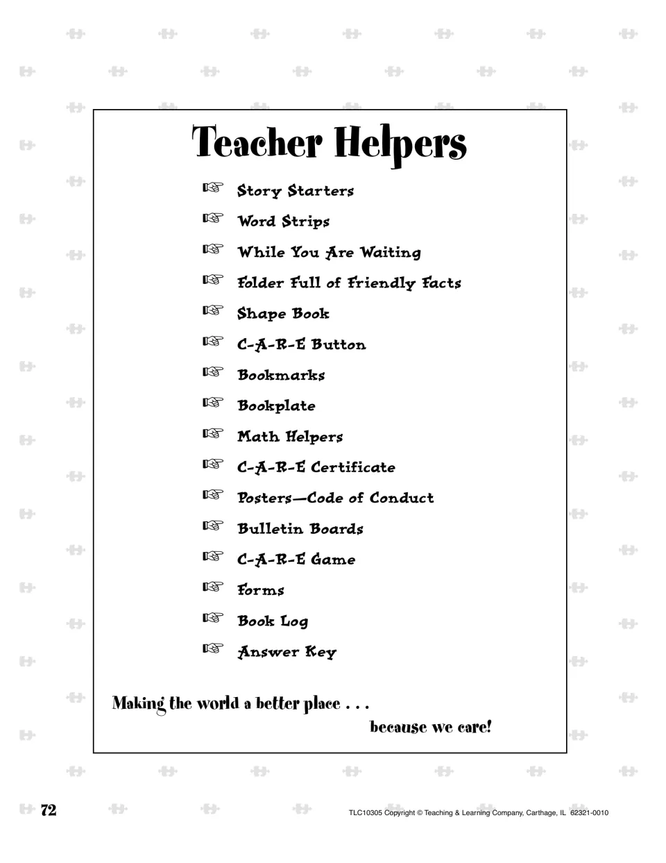 Teacher Helpers introduction lists story starters, word strips, bookmarks, posters, a game, forms, and more