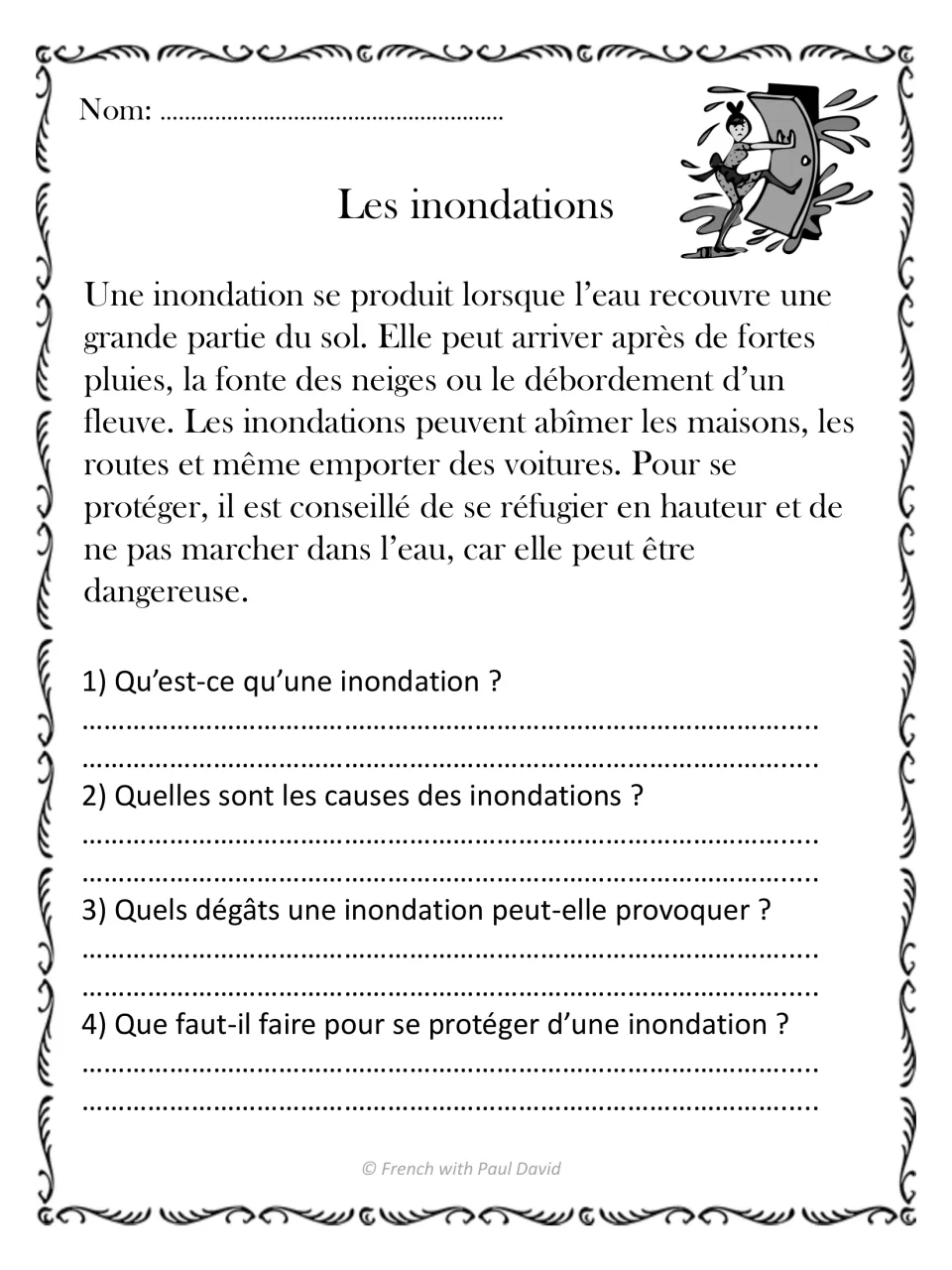 French reading passage on floods, with four questions about their definition, causes, damage, and protection