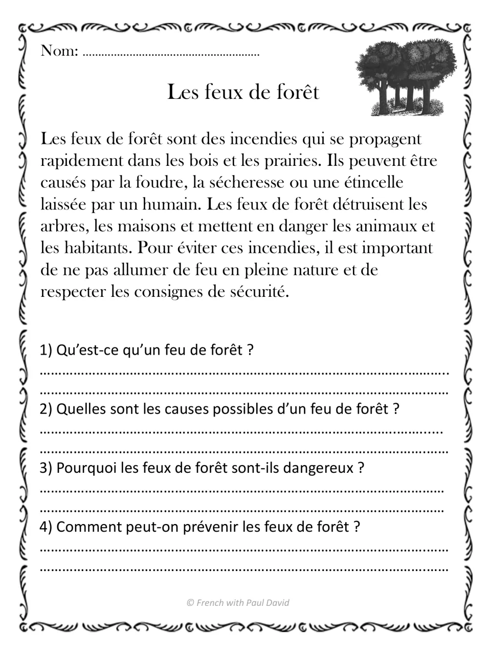 French reading passage on forest fires, with four questions about their definition, causes, dangers, and prevention