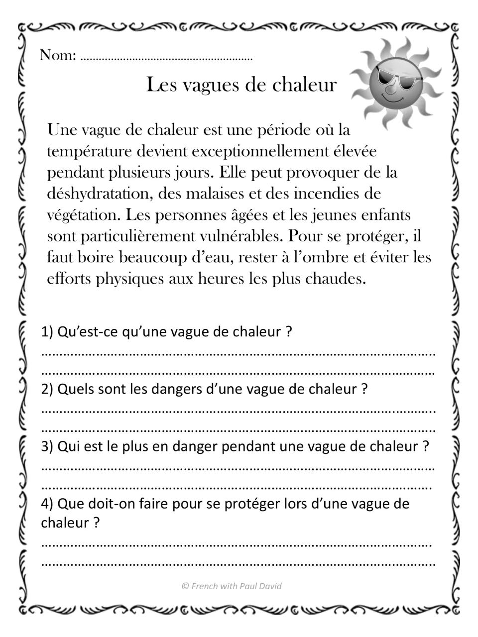 French reading passage on heat waves, with four questions about their definition, dangers, people at risk, and safety