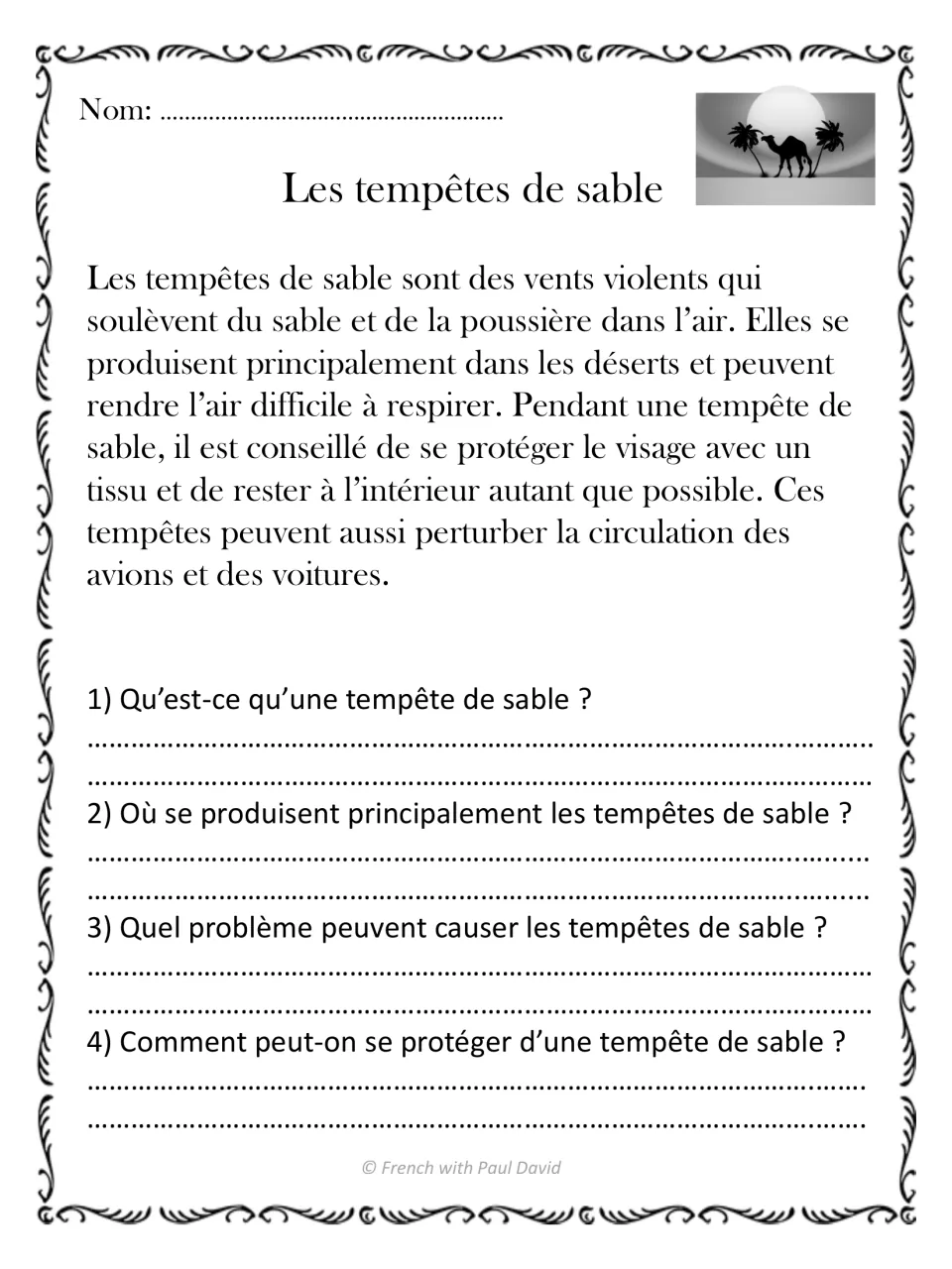 French reading passage on sandstorms, with four questions about their definition, locations, problems, and safety