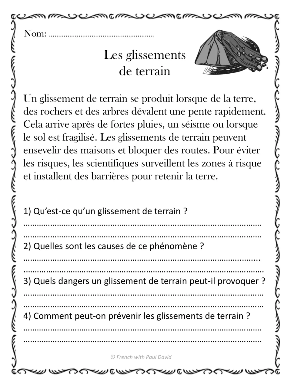 French reading passage on landslides, with four questions about their definition, causes, dangers, and prevention