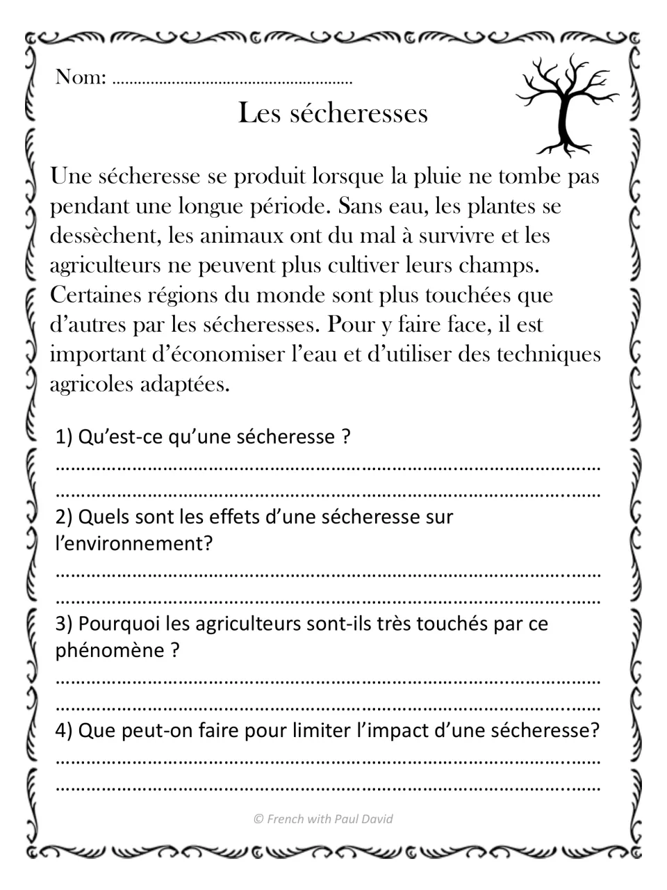 French reading passage on droughts, with four questions about their definition, effects, farming, and limiting harm
