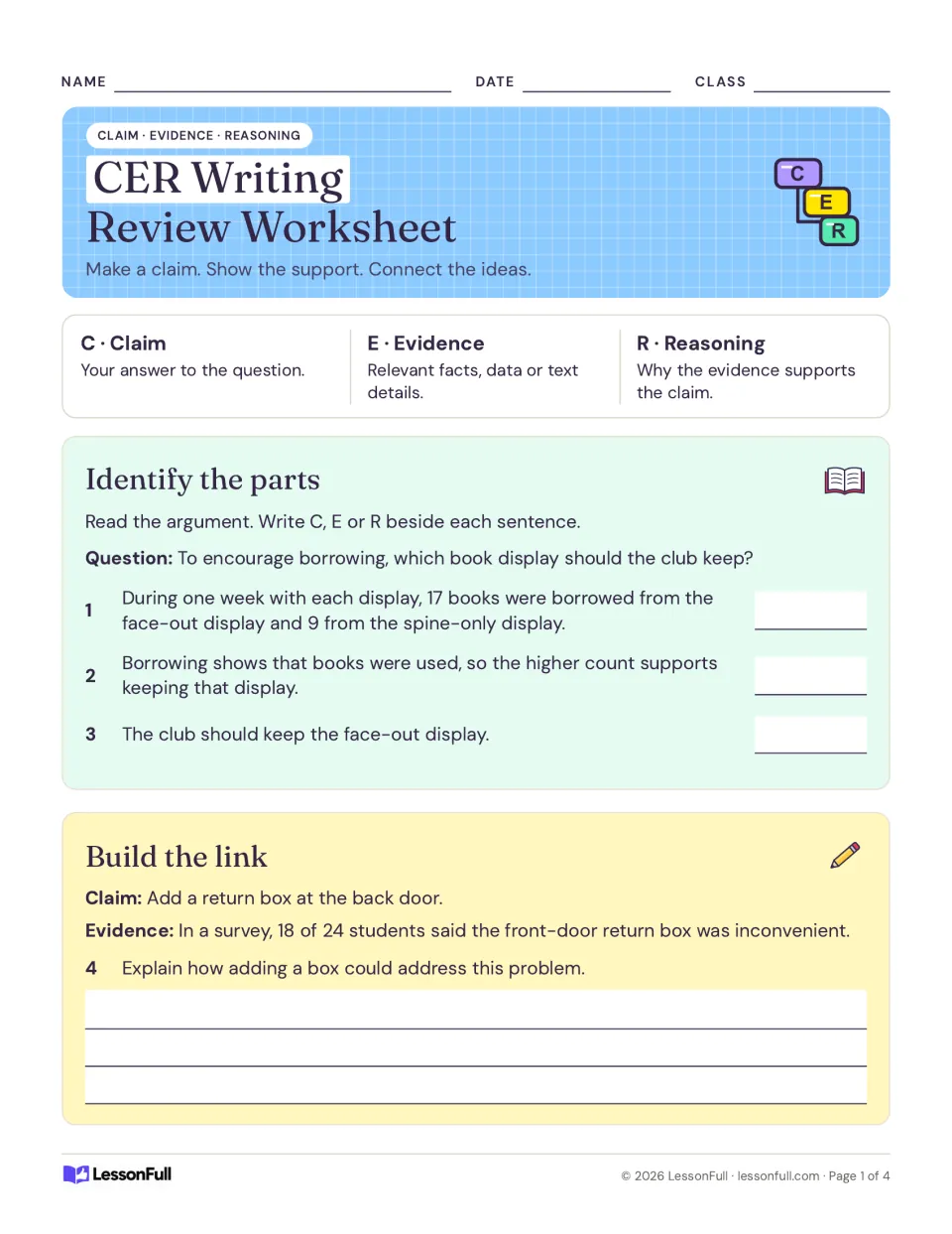 Claim, evidence and reasoning review: students label sentences about a book display as C, E or R and explain a link