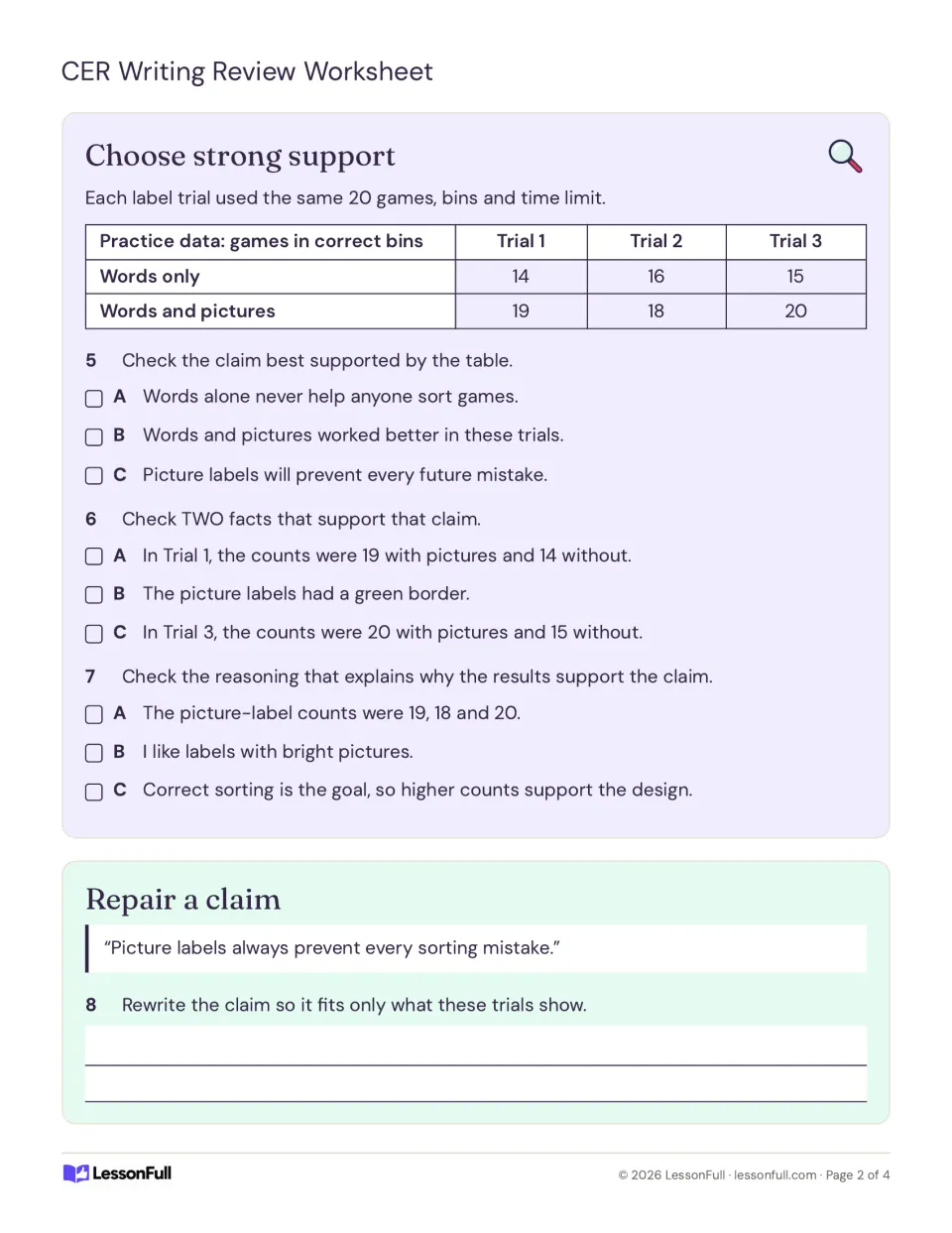 CER practice using a game-sorting data table: students choose the supported claim, two facts and reasoning