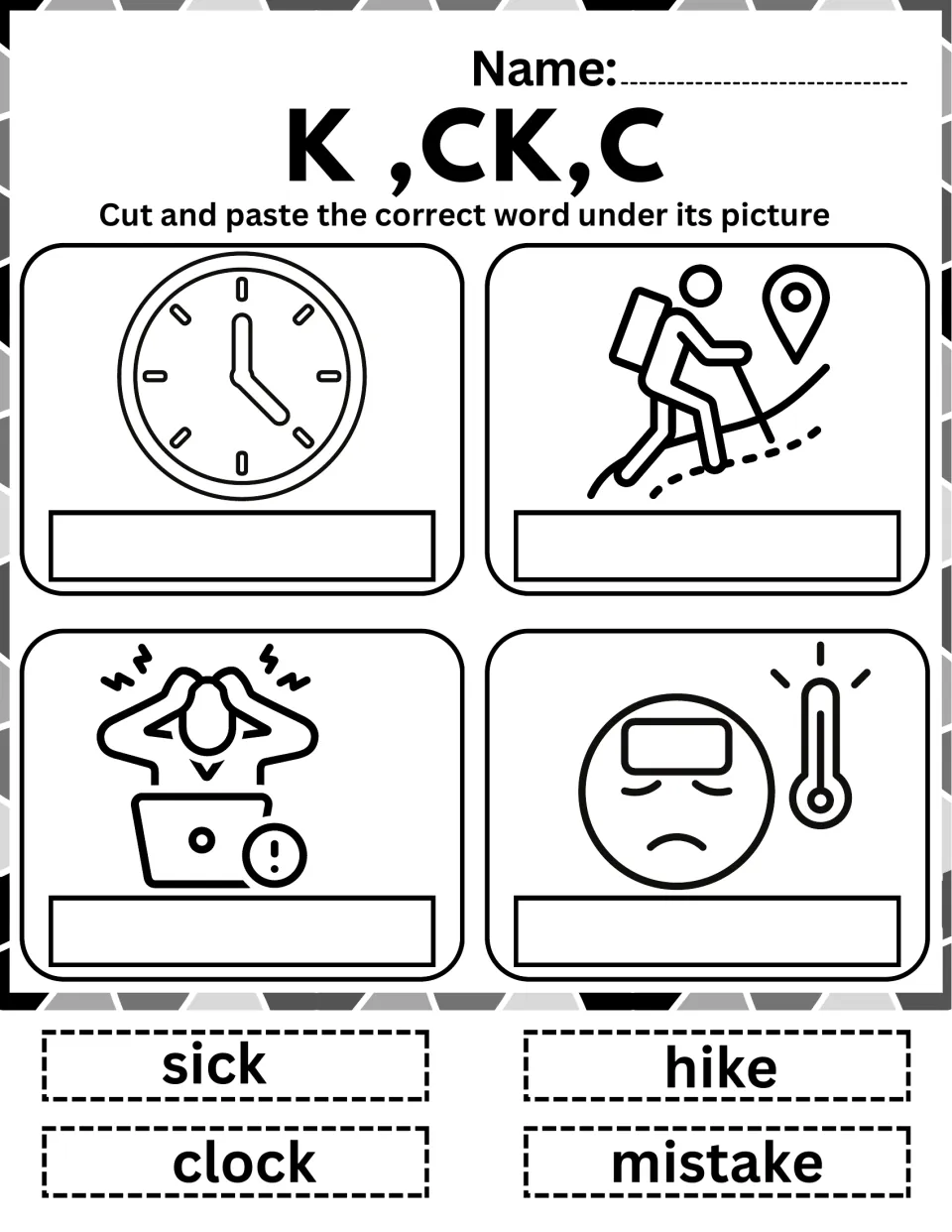K, CK, C spelling: students cut out clock, hike, mistake and sick and paste each under its matching picture