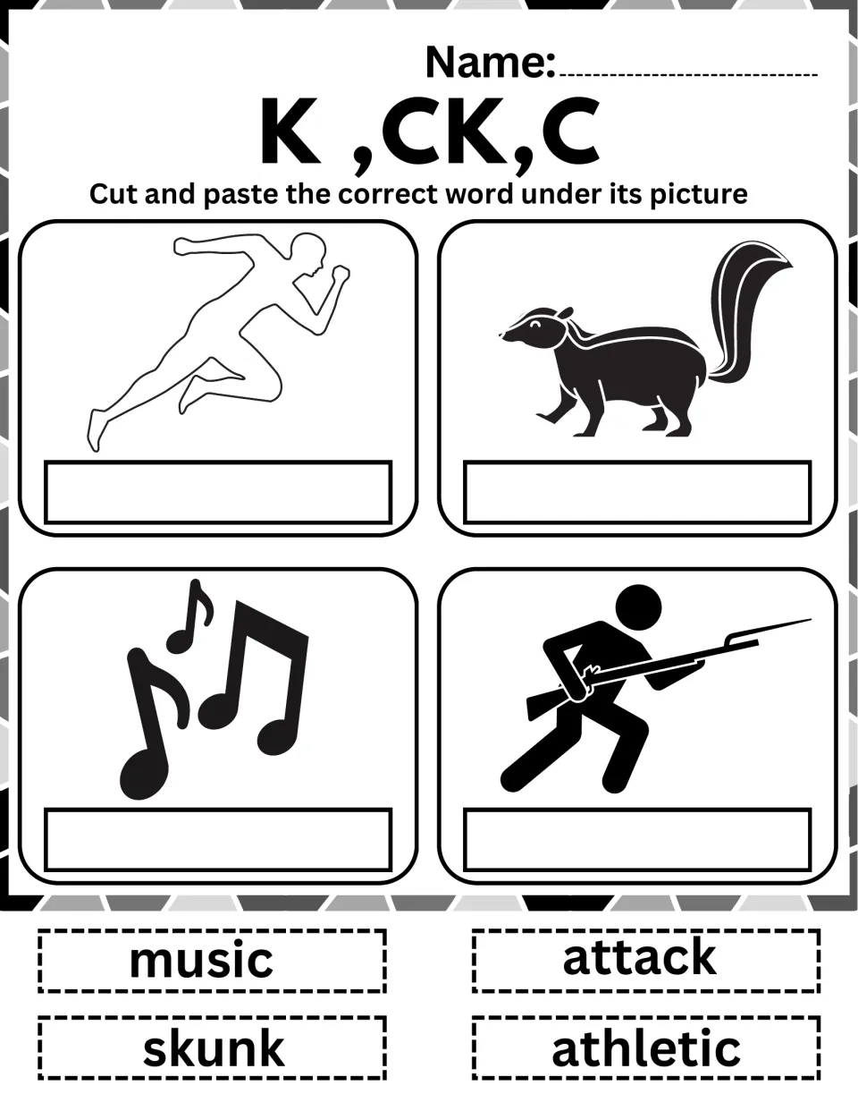 K, CK, C word match: students cut out athletic, skunk, music and attack and glue each under the picture it names