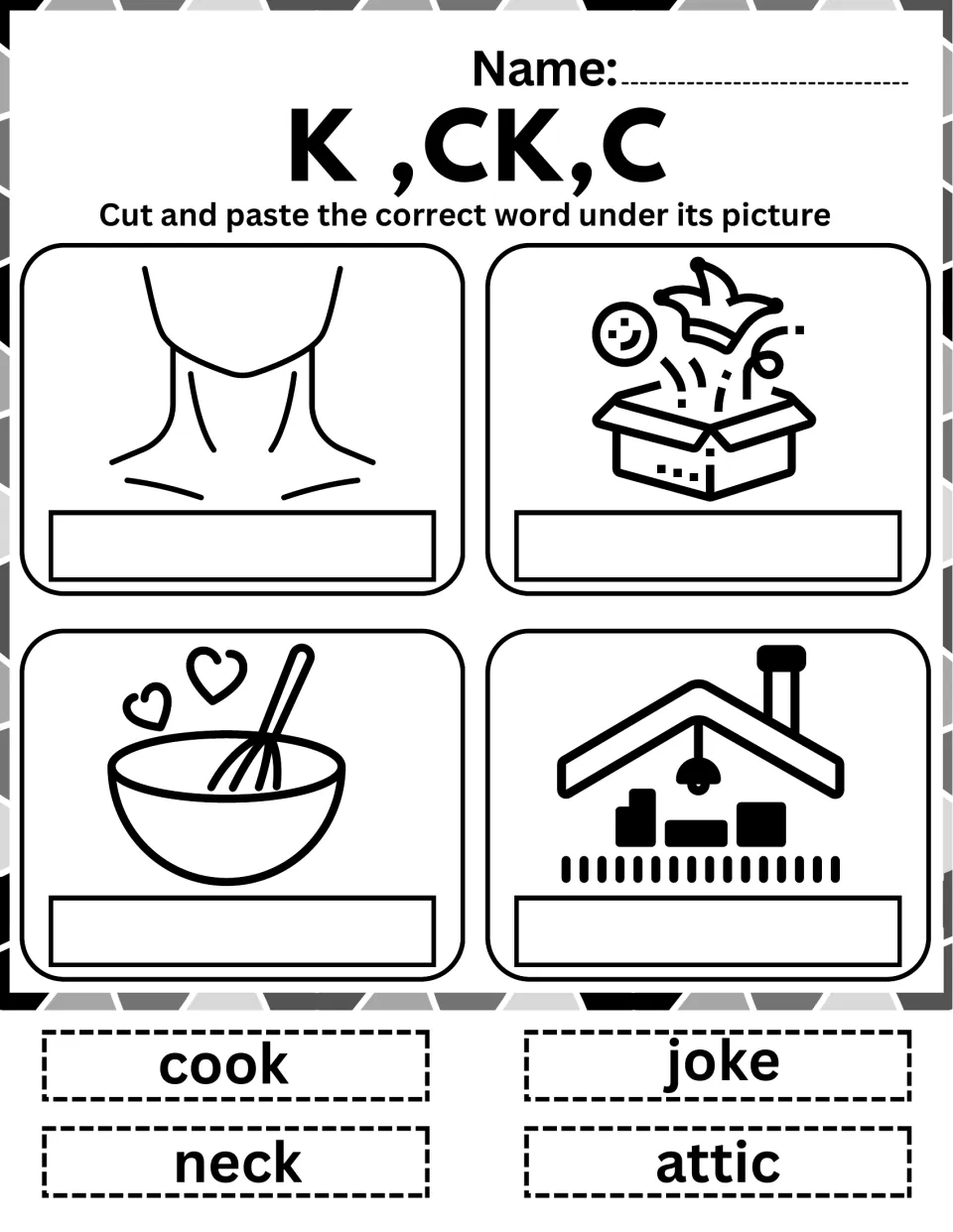 Spelling the k sound: students cut out neck, joke, cook and attic and paste each word below the picture it matches