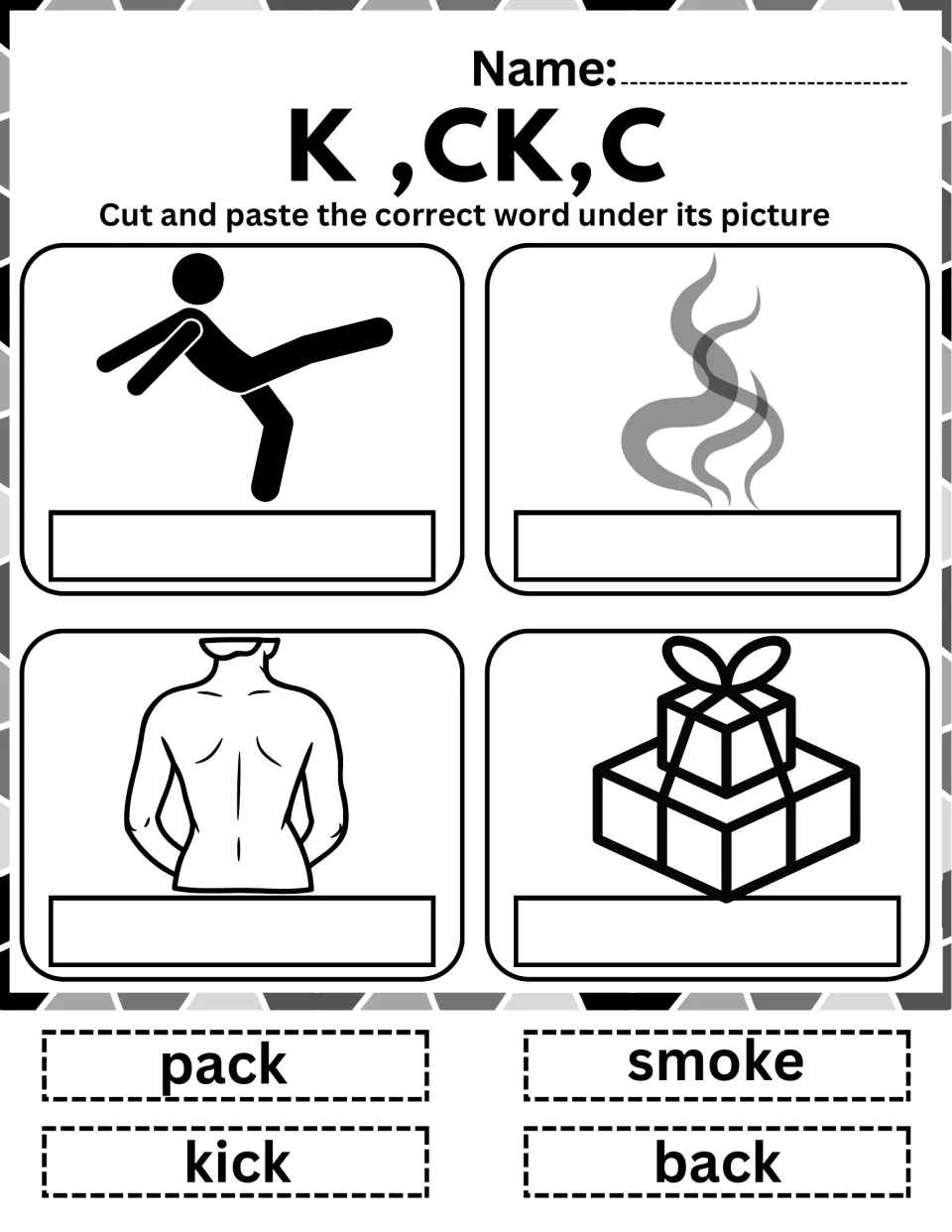 CK and K word cut-and-paste: students match kick, smoke, back and pack to a kicking figure, smoke, a back and gift boxes