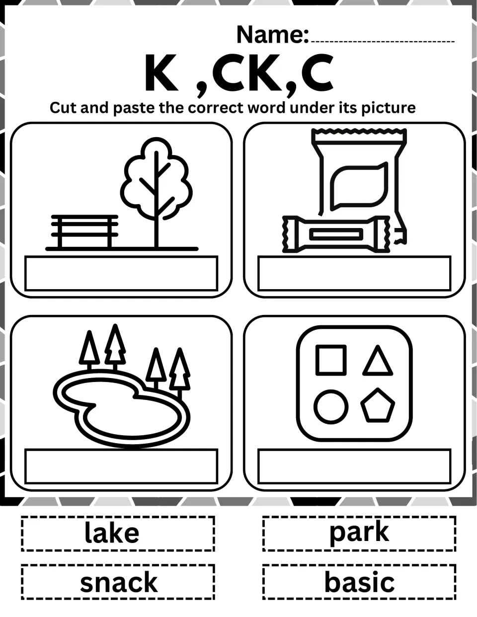 K, CK or C endings: students cut out park, snack, lake and basic and match each to a park, snack, lake or shapes picture