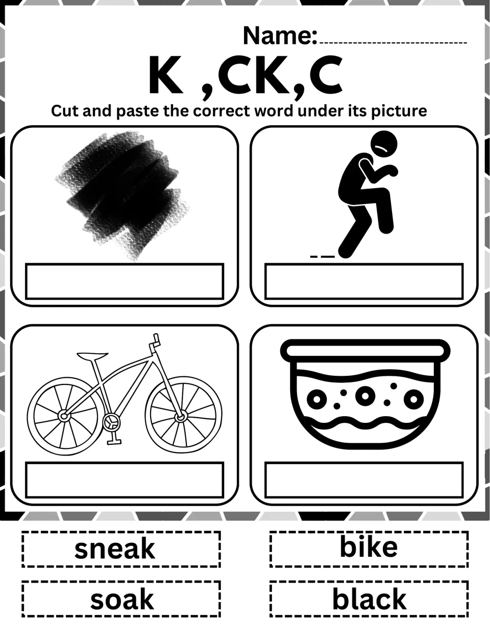 Final k sound words: students cut out black, sneak, bike and soak and glue each one below its matching picture