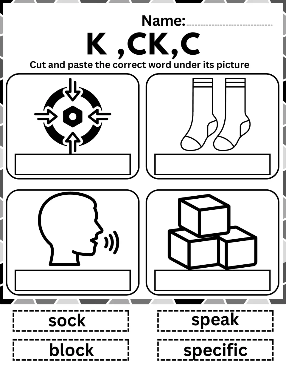 C, K and CK practice: students cut out specific, sock, speak and block and paste each under the picture that shows it