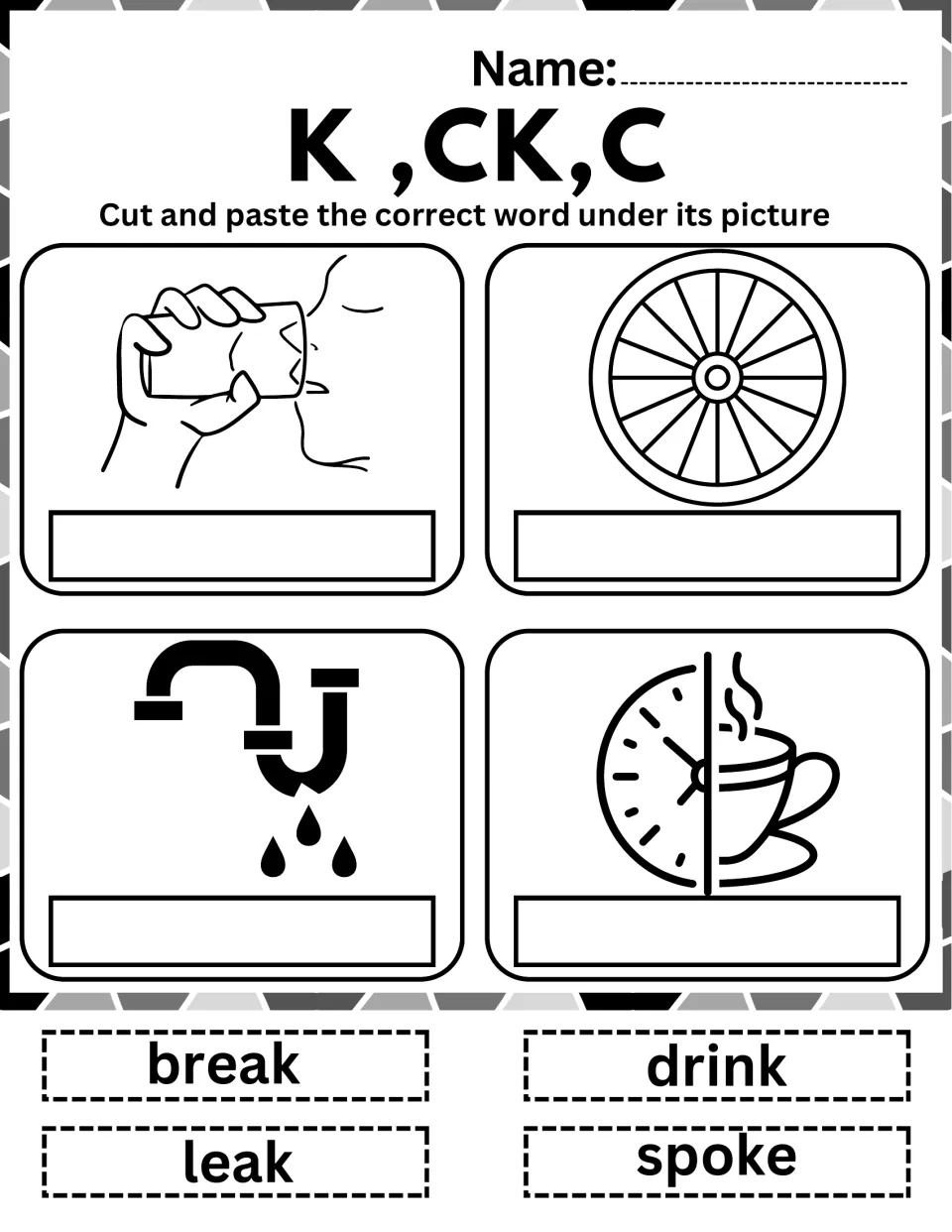 Words ending in k or ck: students cut out drink, spoke, leak and break and paste each one beneath the matching picture