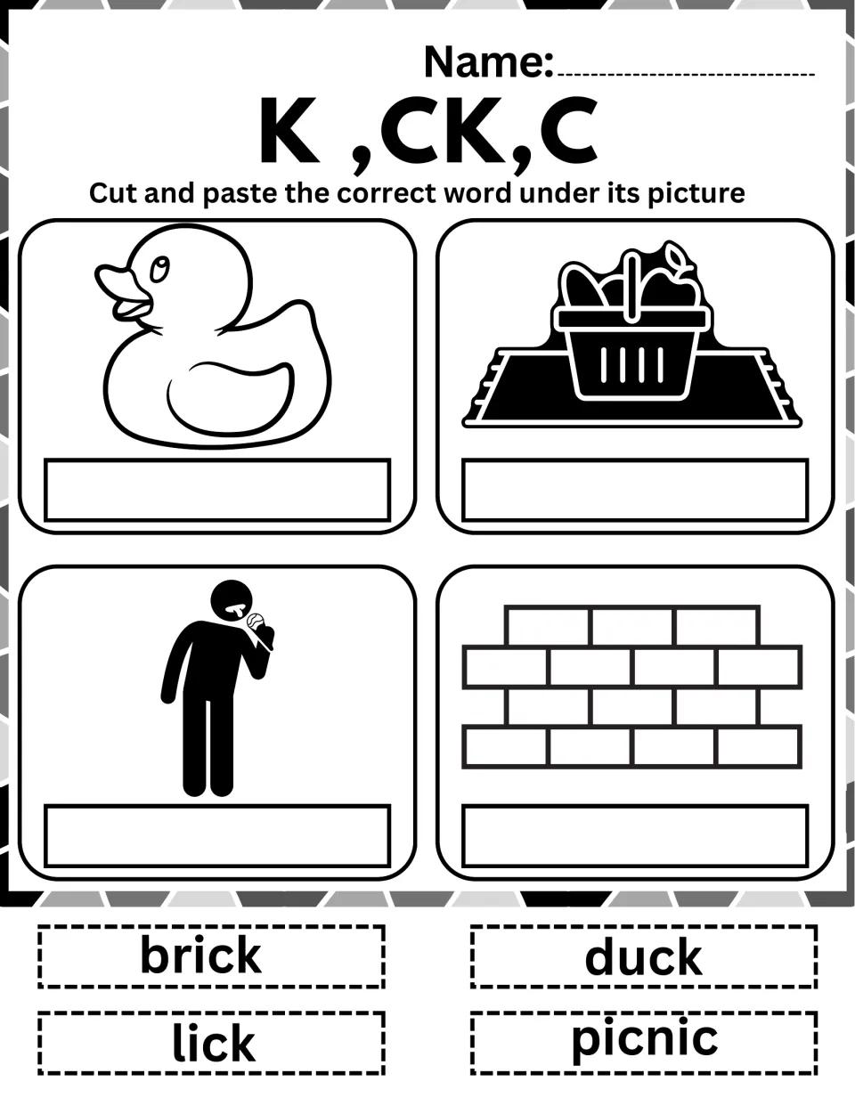 CK digraph and final c: students cut out duck, picnic, lick and brick and glue each word under its matching picture