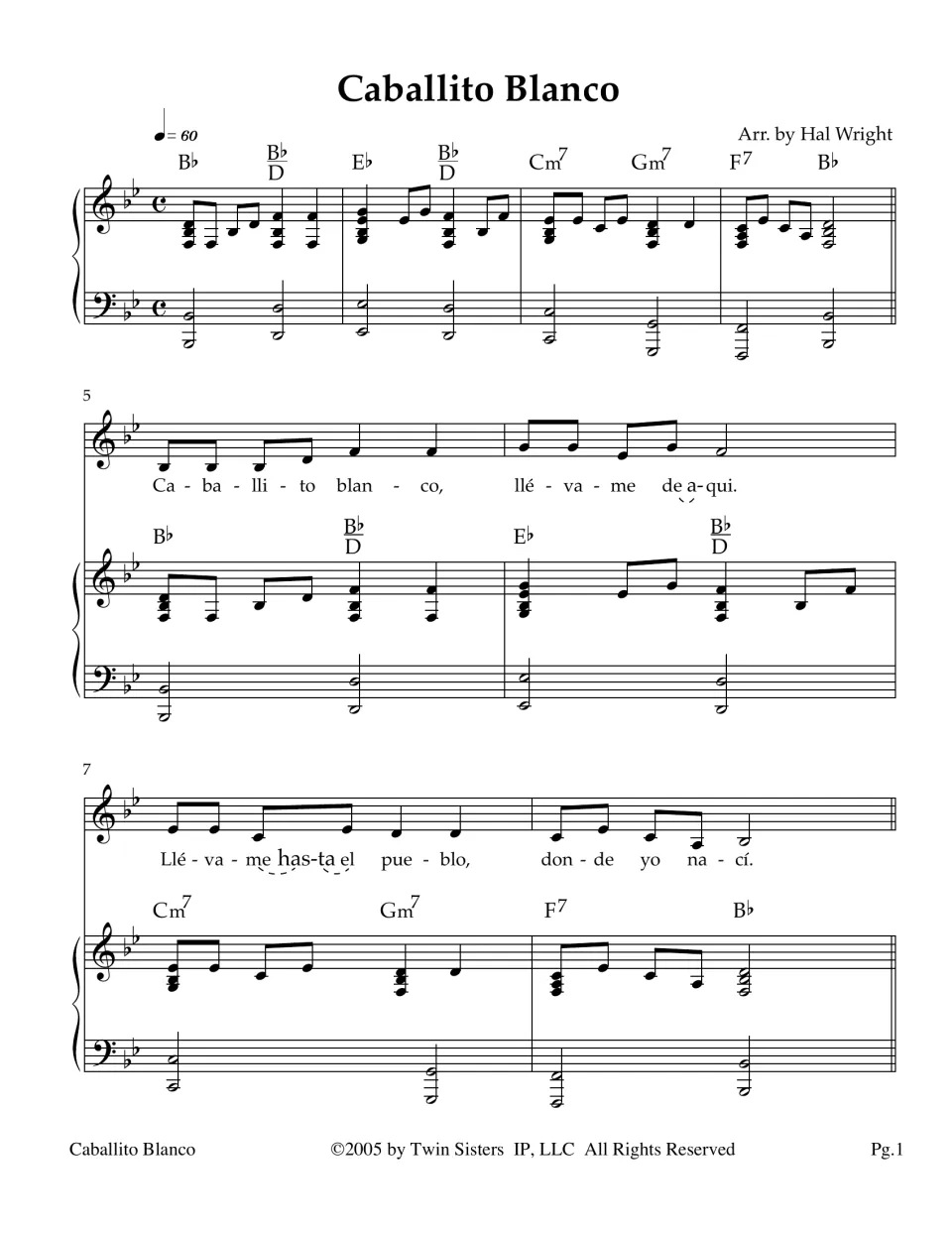 Caballito Blanco sheet music, measures 1-8: piano intro in B-flat, then first Spanish lyrics with melody and chords