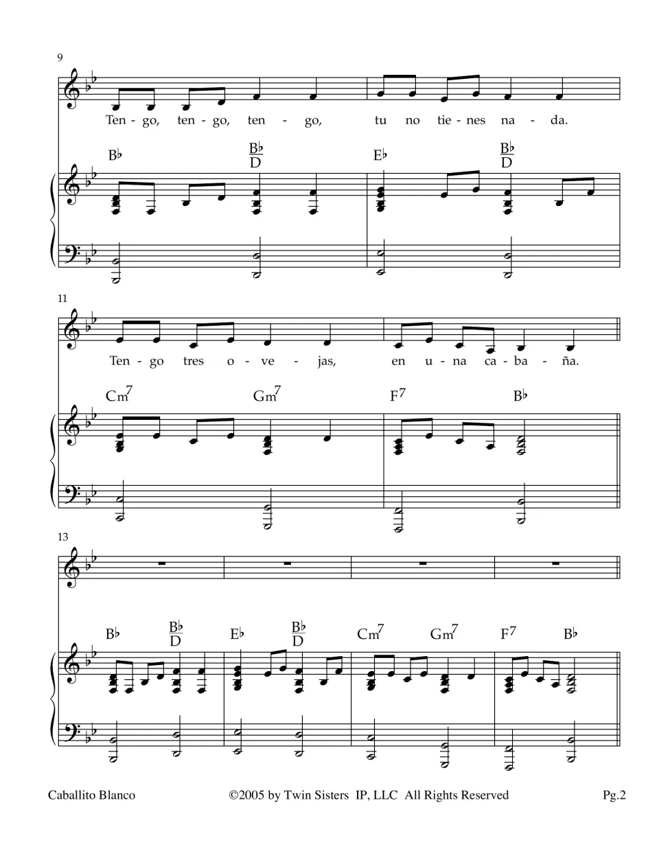 Spanish song, measures 9-16: 'Tengo, tengo, tengo' verse with vocal line and piano chords, then a piano interlude
