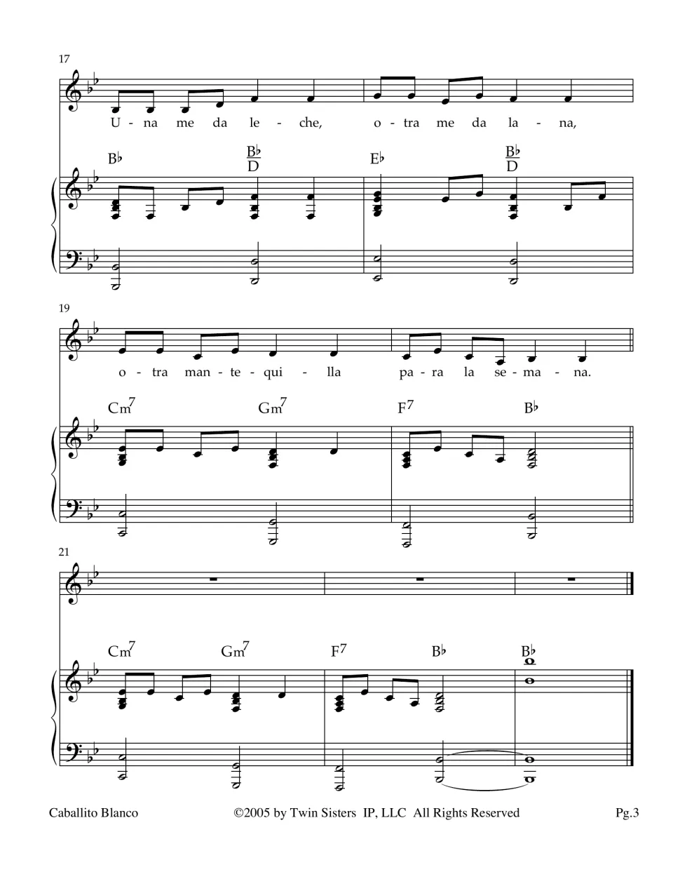 Last verse, measures 17-23: 'Una me da leche' lyrics over melody and piano part, closing on a held B-flat chord