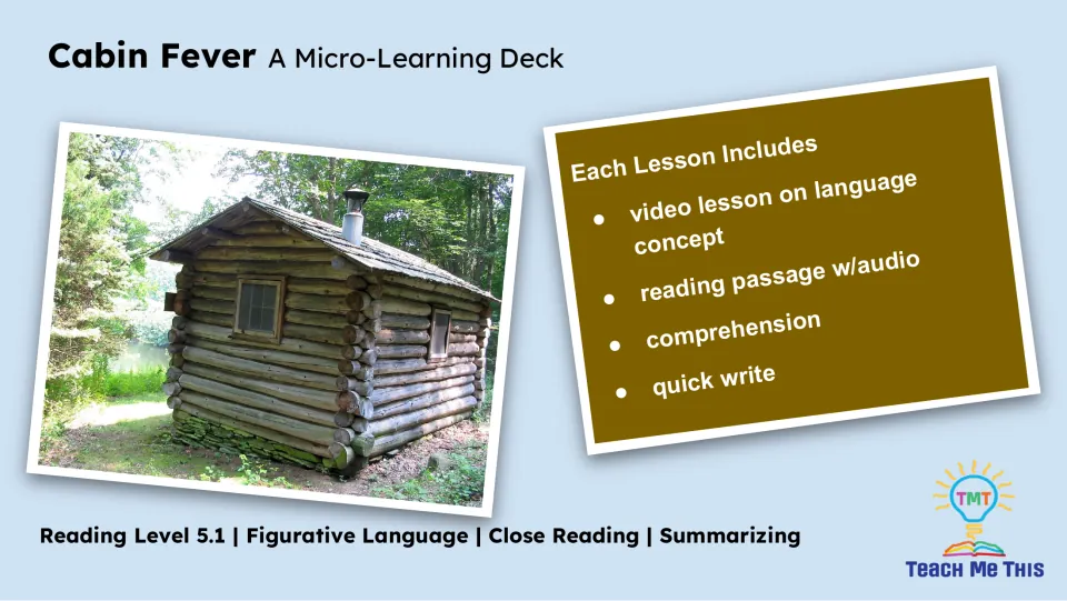 Lesson overview lists a language concept video, reading passage with audio, comprehension, and quick write