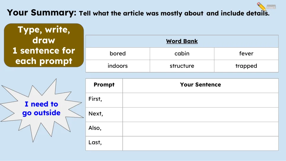 Summary activity asks for one sentence each using First, Next, Also, and Last, supported by six words